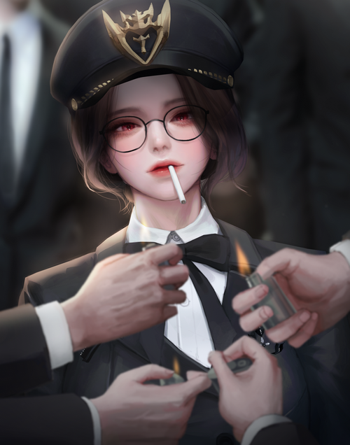 Fantasy girl with red eyes and glasses smoking a cigarette