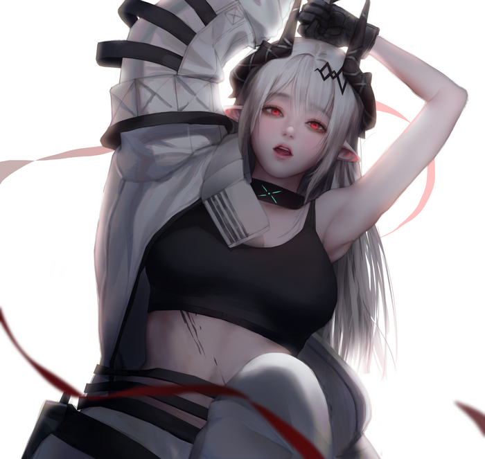 Mudrock from Arknights with white hair and red eyes