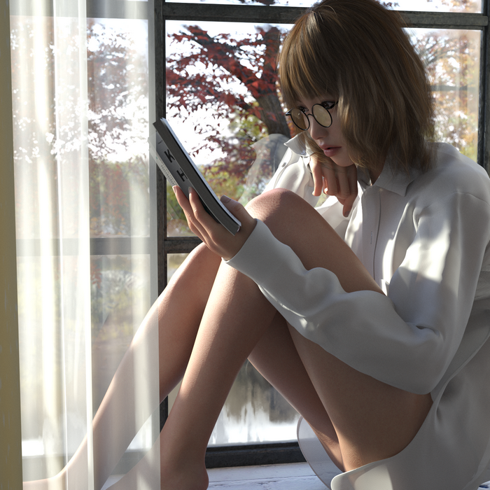 Asian woman wearing glasses reading a book