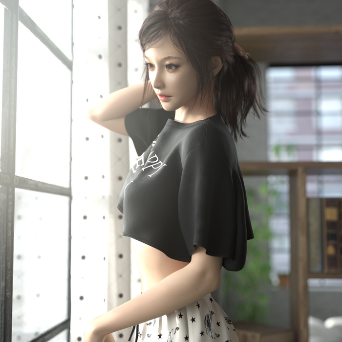 Asian woman in black crop top by the window