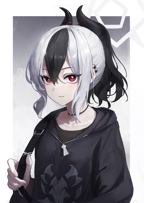 Anime girl with black and white hair and horns