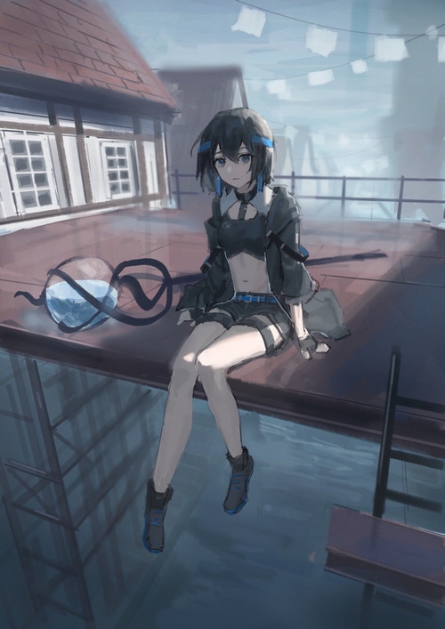Anime girl with blue eyes sitting on a rooftop