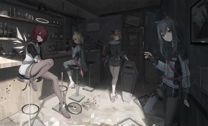 Arknights characters in a dimly lit bar