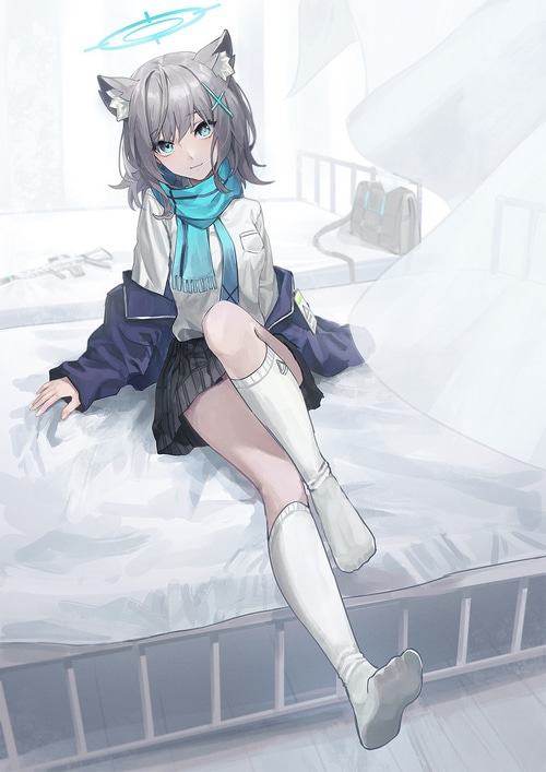 Shiroko from Blue Archive sitting on a bed