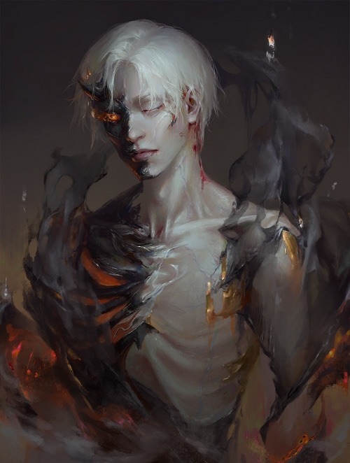 Painting of a man with white hair and demonic features