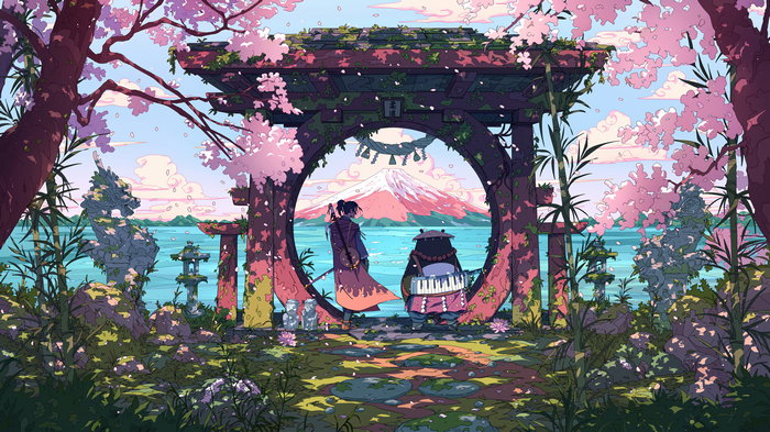 Samurai and Panda by Mount Fuji under Cherry Blossoms