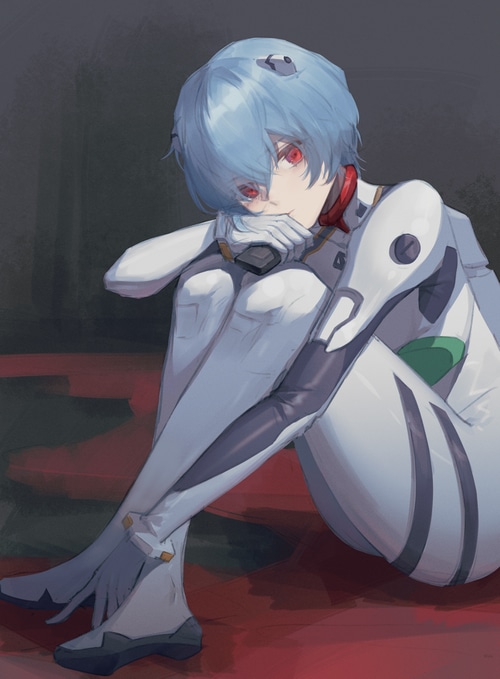 Rei Ayanami in a white bodysuit from Evangelion