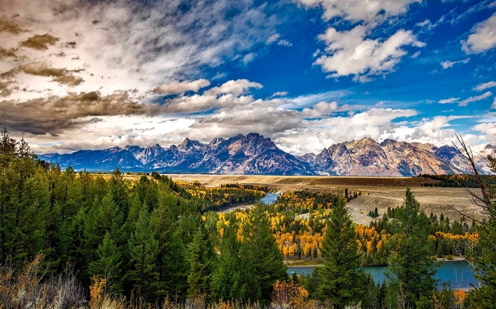 Grand Teton Mountains with Autumn Trees and River