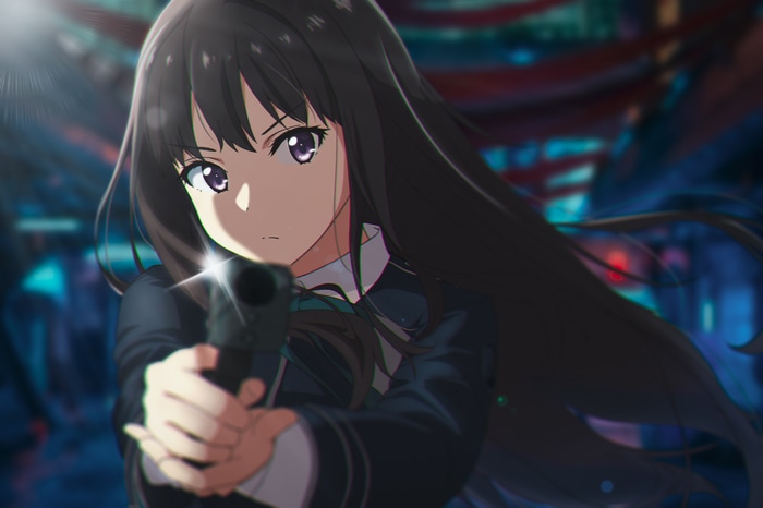 Inoue Takina from Lycoris Recoil holding a gun