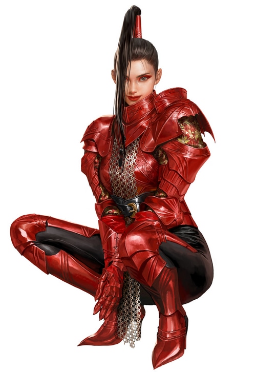 Fantasy girl in red armor with ponytail
