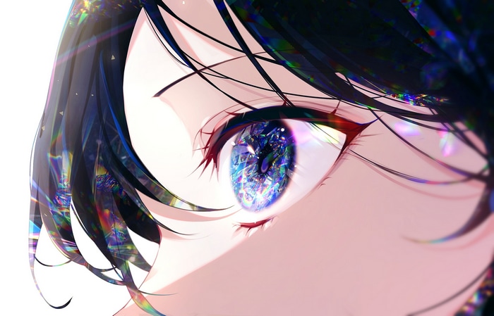 Close-up of a person's eye with colorful, multi-colored iris