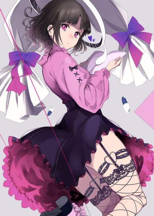 Suzuka Utako in pink shirt and black skirt with garters