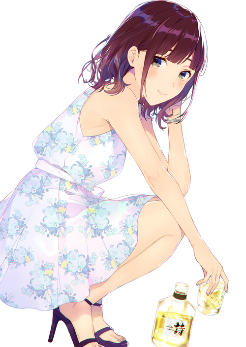 Utako Suzuka in a floral dress with a drink