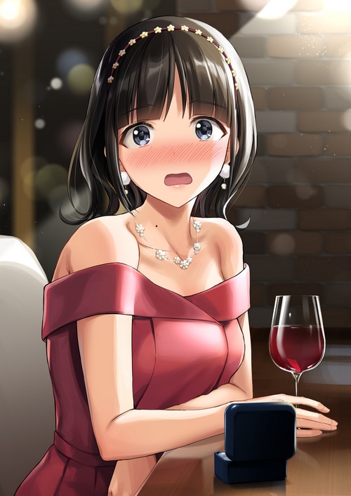 Utako Suzuka in a red dress with a wine glass