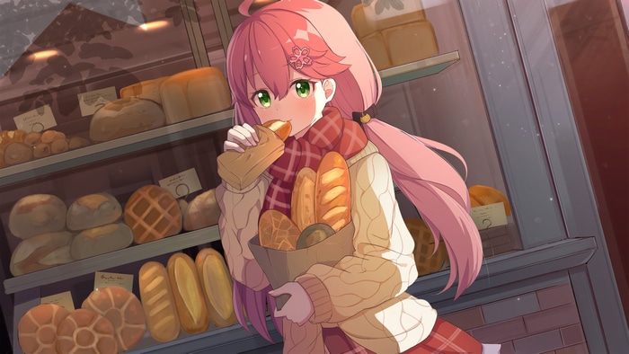 Sakura Miko eating bread in a bakery