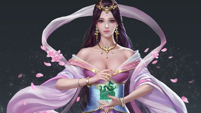 Fantasy Asian girl with dragon seal and petals