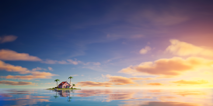 Dragon Ball island house with ocean reflection