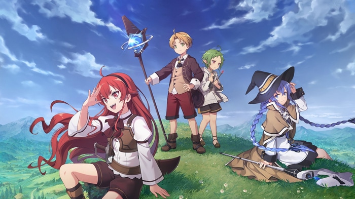 Mushoku Tensei: Rudeus, Eris, Roxy, and Sylphiette in a Field
