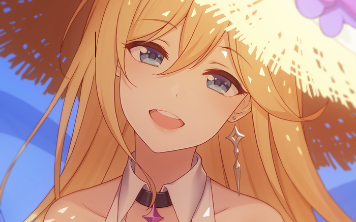 Anime girl with blonde hair and blue eyes wearing a straw hat