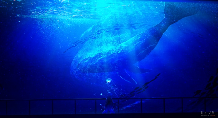 Artwork of a whale and jellyfish in a blue ocean