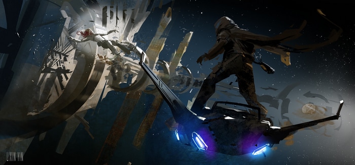 Science fiction artwork of a space battle