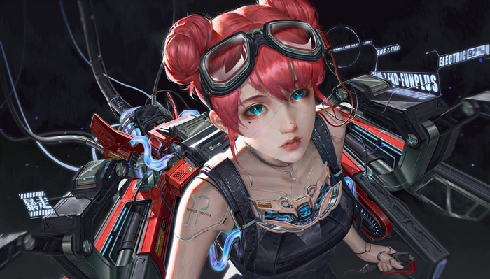 Woman with goggles and cyborg enhancements