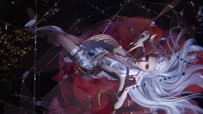Asian woman with white hair in a silver outfit
