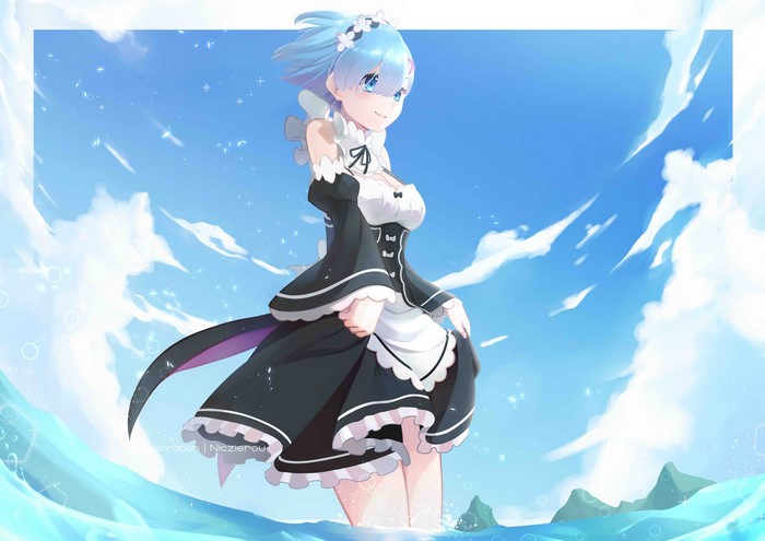Rem from Re:ZERO in a watery landscape