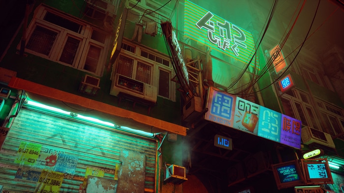 Stray video game art of a neon-lit city at night
