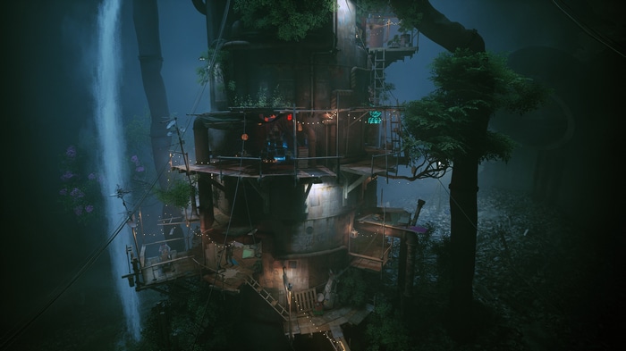 Stray post-apocalyptic settlement with waterfall and lights