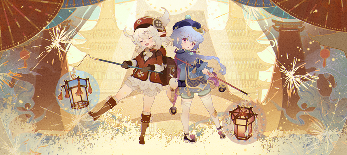 Klee and Qiqi with lanterns and fireworks