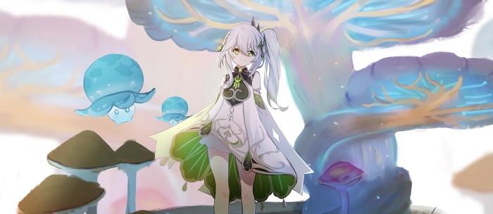 Nahida from Genshin Impact in a fantasy forest