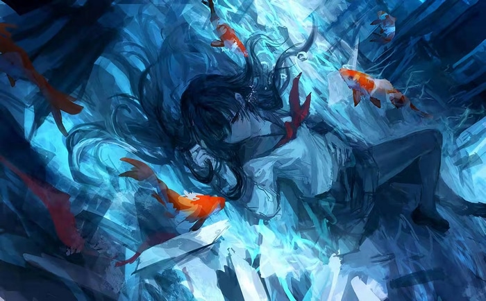 Girl underwater with koi fish