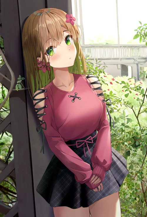 Anime girl with green eyes and flower in hair