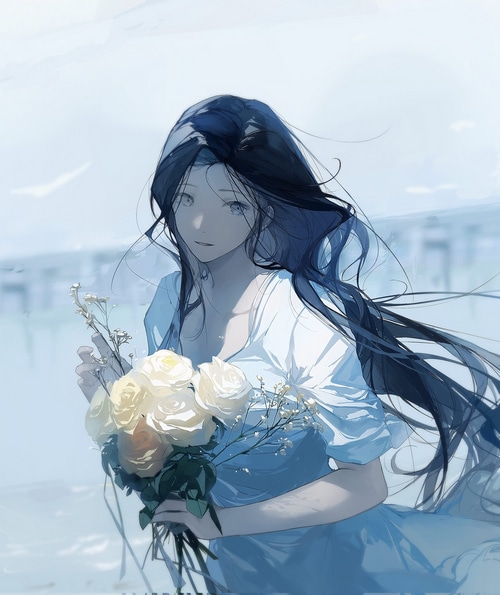 Anime girl with bouquet of white roses