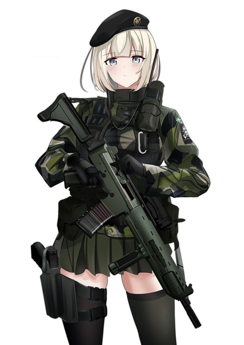 Anime girl in Swedish Army uniform with a rifle