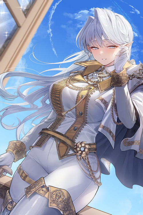 Anime girl with white hair in a white and gold uniform