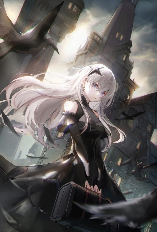 Girl with white hair and black dress holding a suitcase