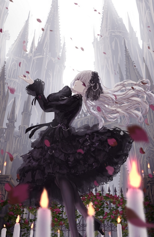 Anime girl in black dress with petals and candles
