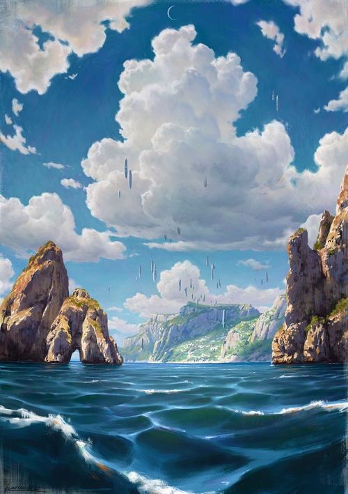 Futuristic floating objects over a rocky coast and sea