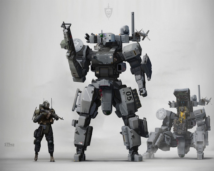Futuristic mechs and soldier on a simple background