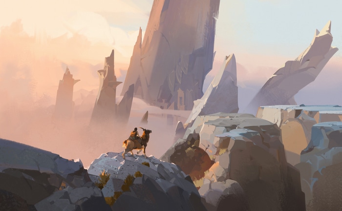 A lone traveler rides a beast through a rocky, mountainous landscape.