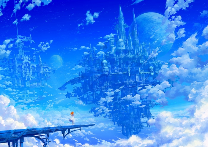 Fantasy city in the sky with a girl on a platform