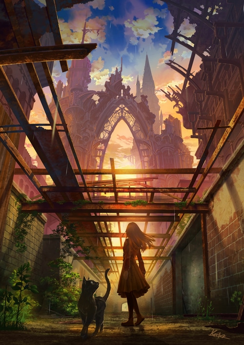 Girl and cat in a ruined fantasy city at sunset