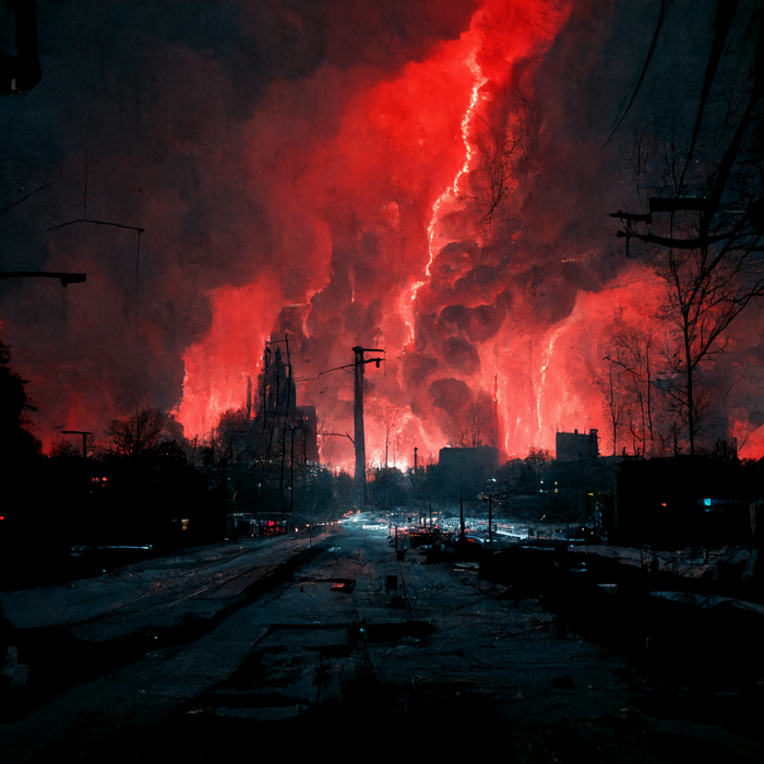 Apocalyptic city engulfed in red clouds and lightning
