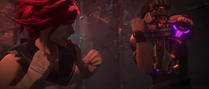 Vi and Sevika from Arcane in a fight