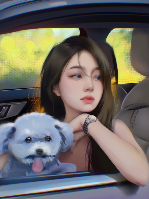 Asian woman with blue eyes and dog in car interior