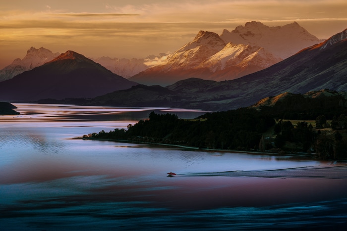 4K Sunset over Mountains and Lake in Queenstown, New Zealand