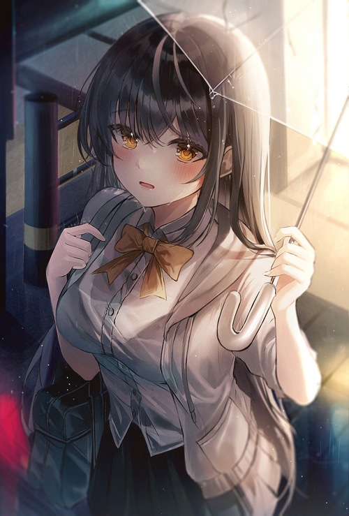 Girl with yellow eyes holding an umbrella in the rain