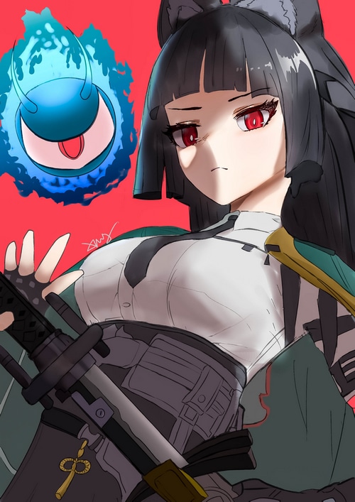 Miyabi with a blue spirit and katana from Zenless Zone Zero fan art